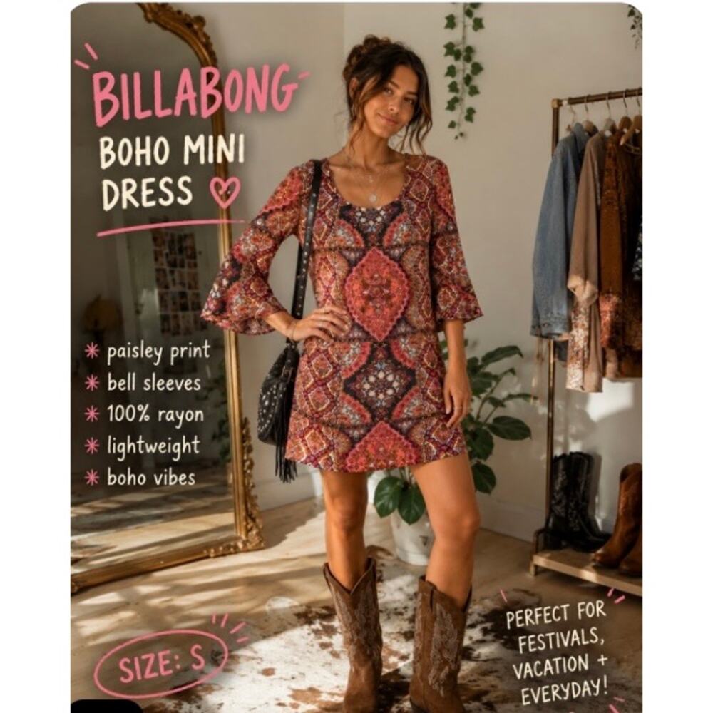 Billabong Designers Closet Bohemian Paisley Shift Dress Bell Sleeve S